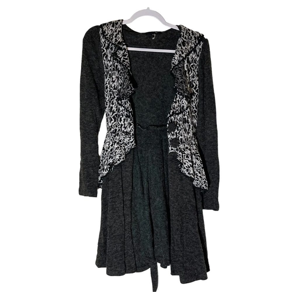 Ryu Anthropologie Gray White Ruffle Longline Belted Dress Size M